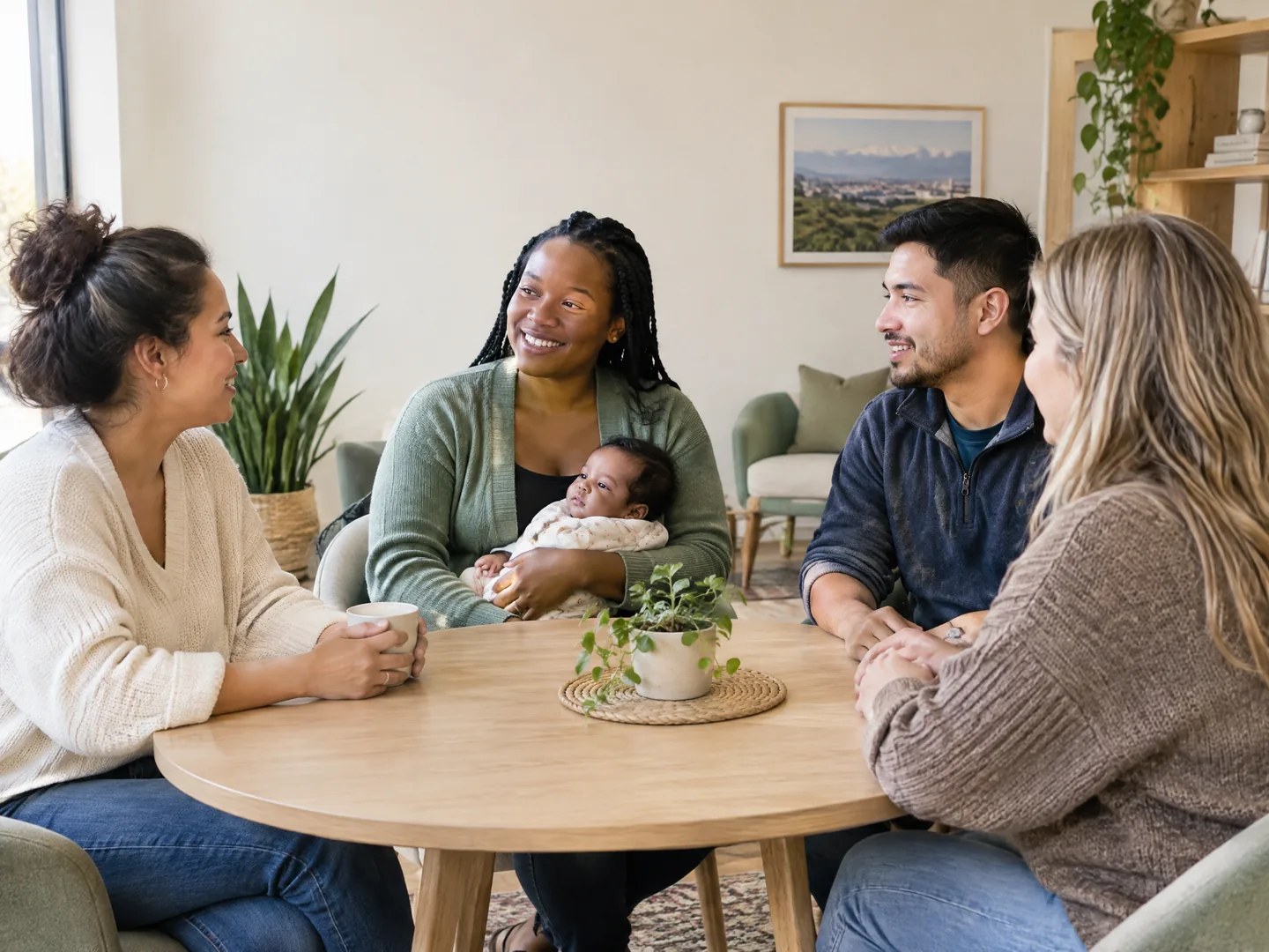 New parents sharing conversation in a welcoming community space